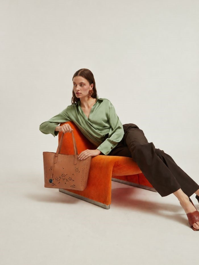 Tan Floral Cutwork Tote Bag