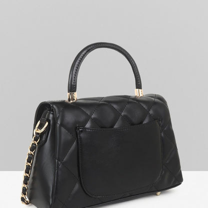 QUILTED STUDDED BLACK LUXE TOP HANDLE HANDBAG