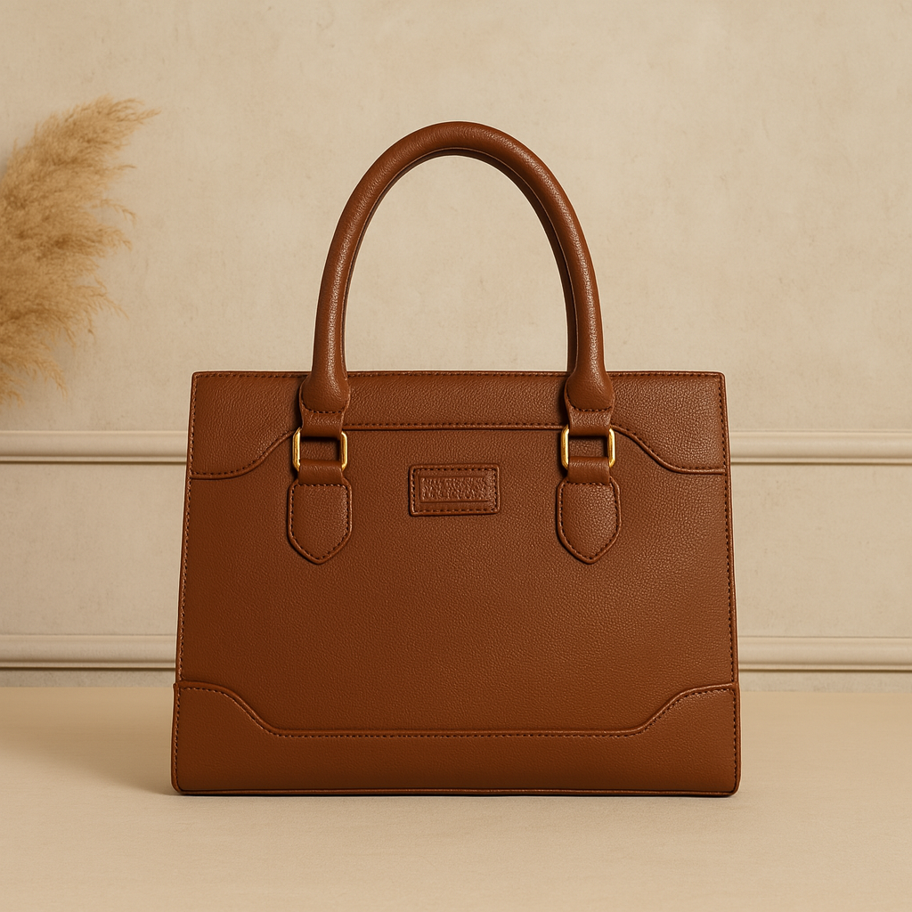 Elegant Structured Black Leather Handbag with Golden Accents | Luxury Women's Tote