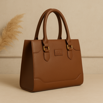 Elegant Structured Black Leather Handbag with Golden Accents | Luxury Women's Tote