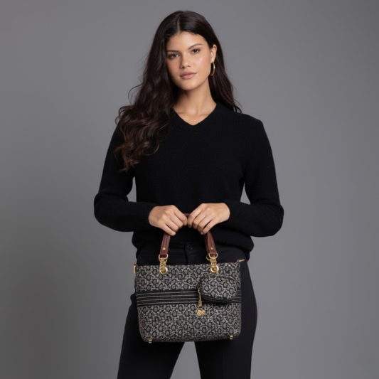 Elegant Black Printed Tote Bag with Tan Trim